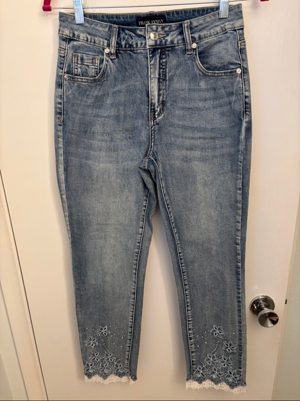Frank Lyman Design Light Blue Embroidered Hem Sequined Cropped Jeans